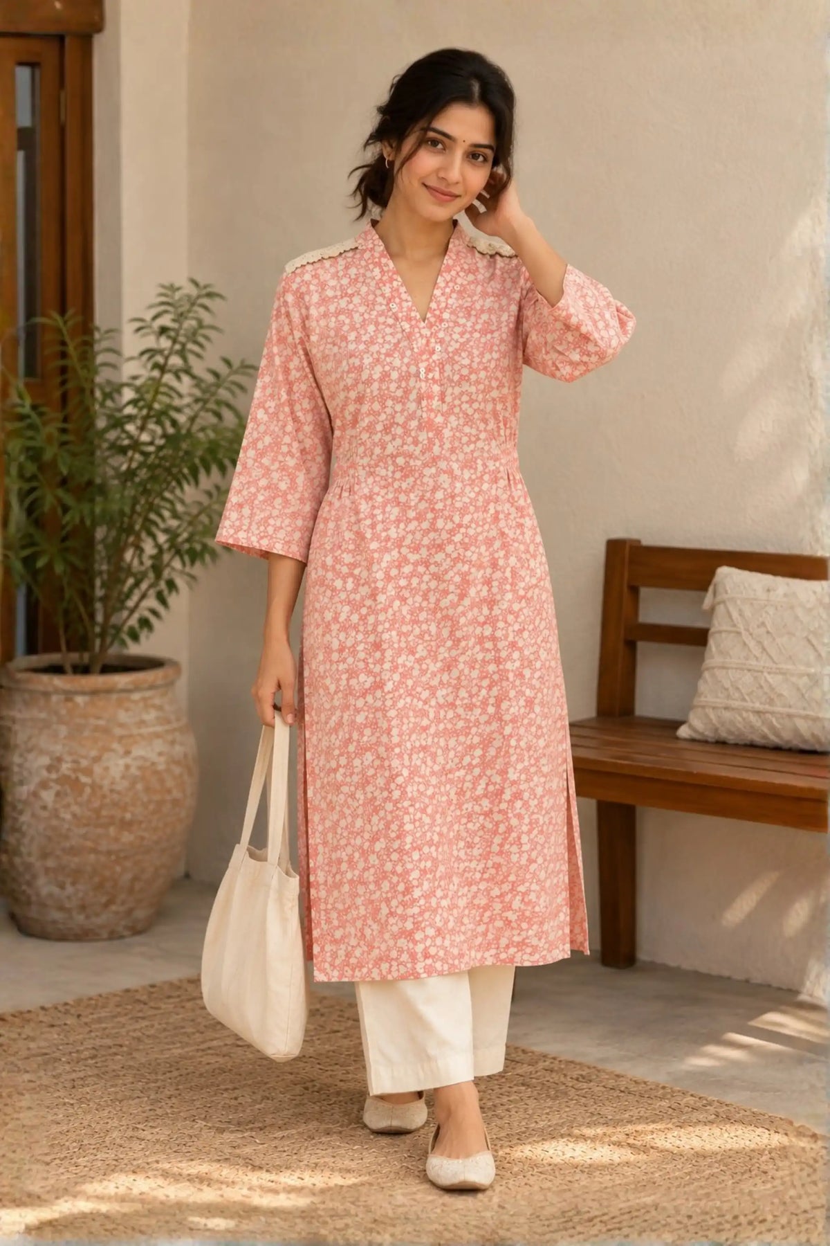 Pink Digital Printed Cotton Kurta Set
