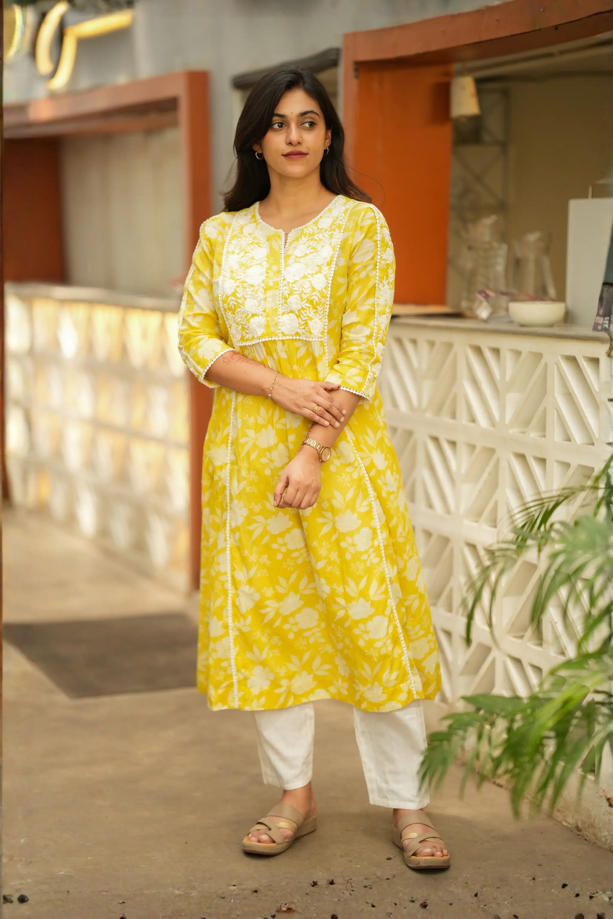 Yellow Floral Embroidered Cotton Kurti Set with Digital Print
