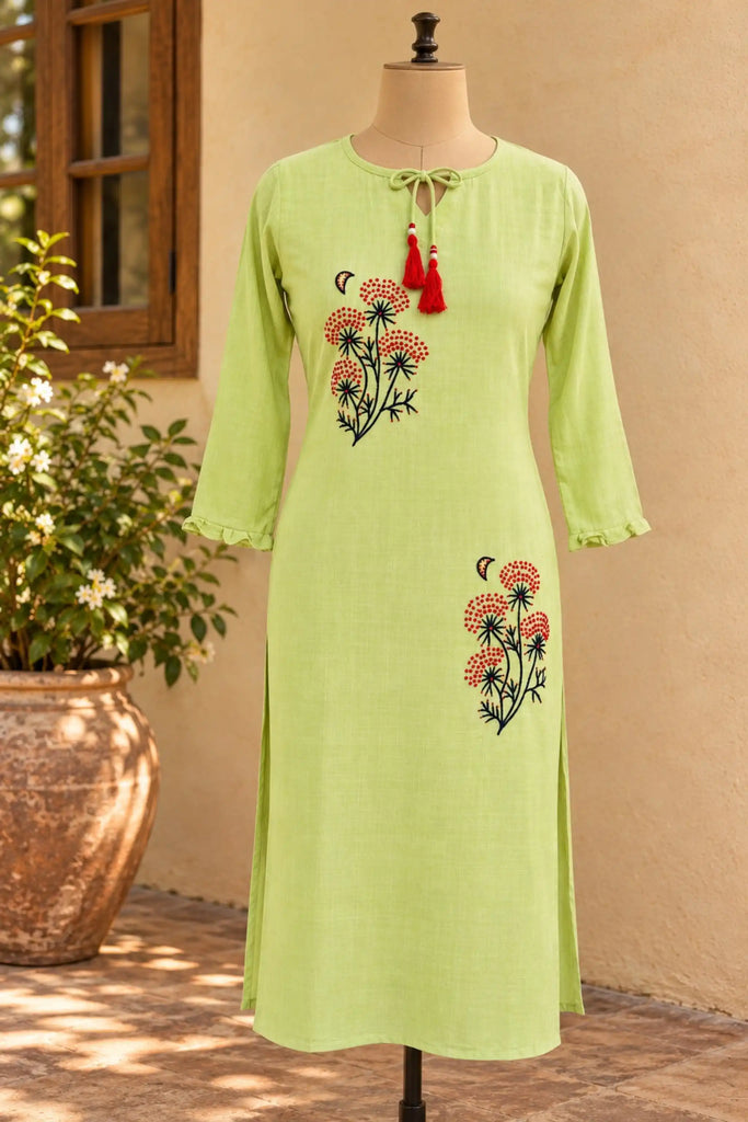 Green Embroidered Cotton Kurti