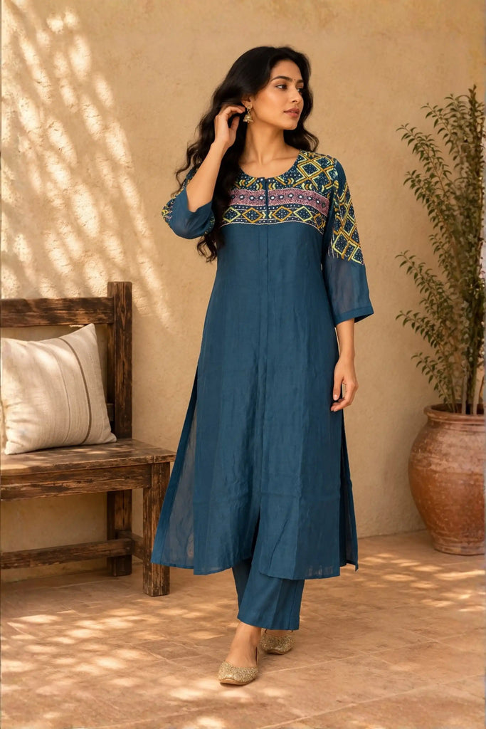 Blue Mirror Embroidered Mul Chanderi Kurti Set