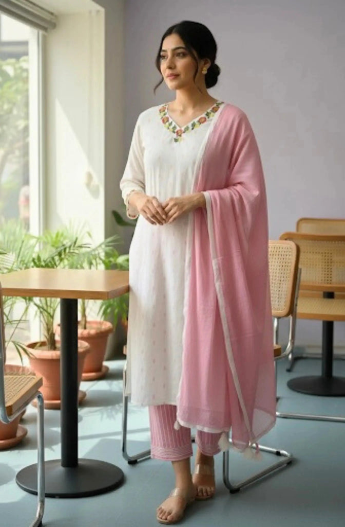 White Floral Embroidered Cotton Suit Set