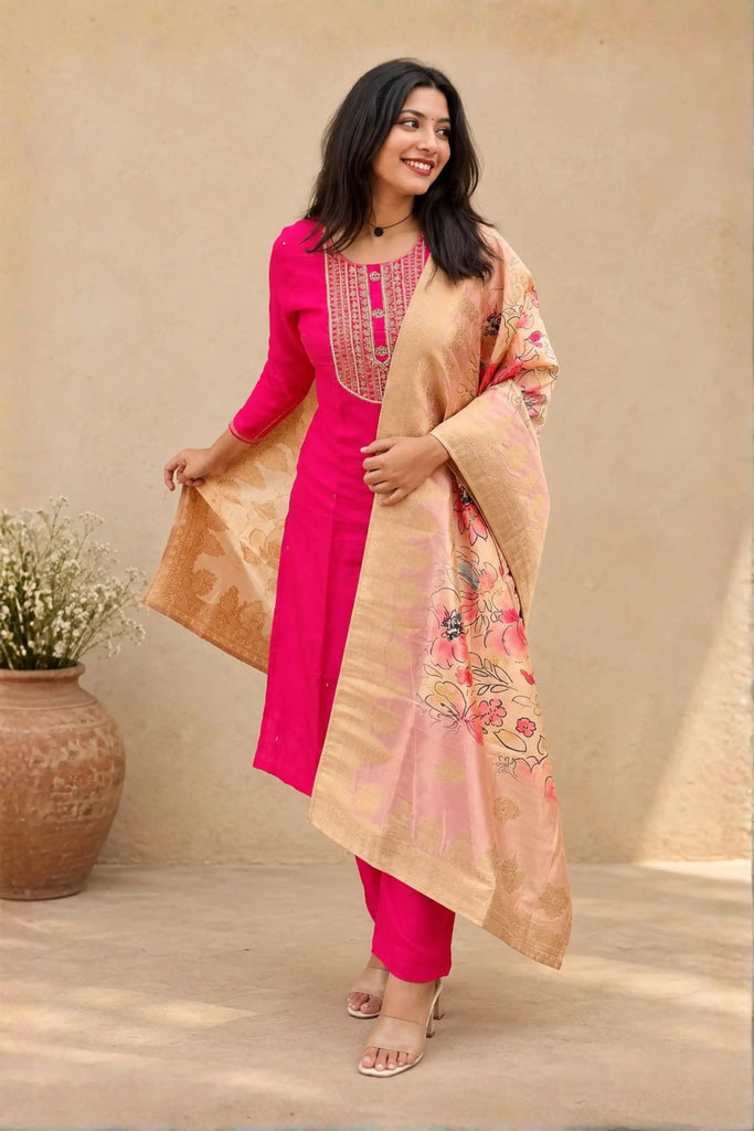 Pink Beads Embroidered Dola Silk Suit Set