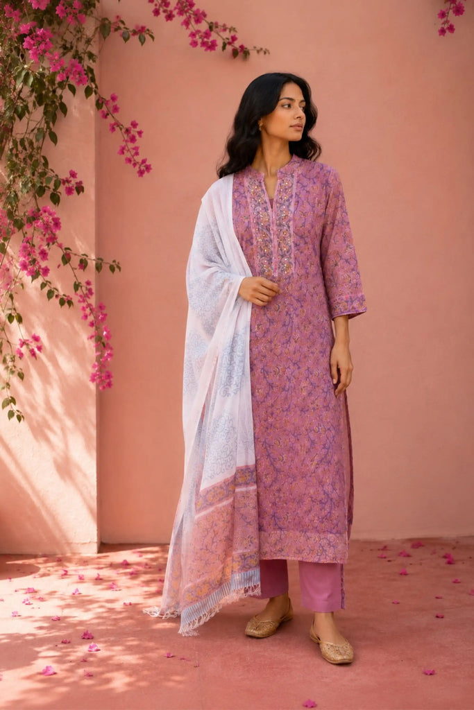 Pink Hand Block Printed Kota Suit Set