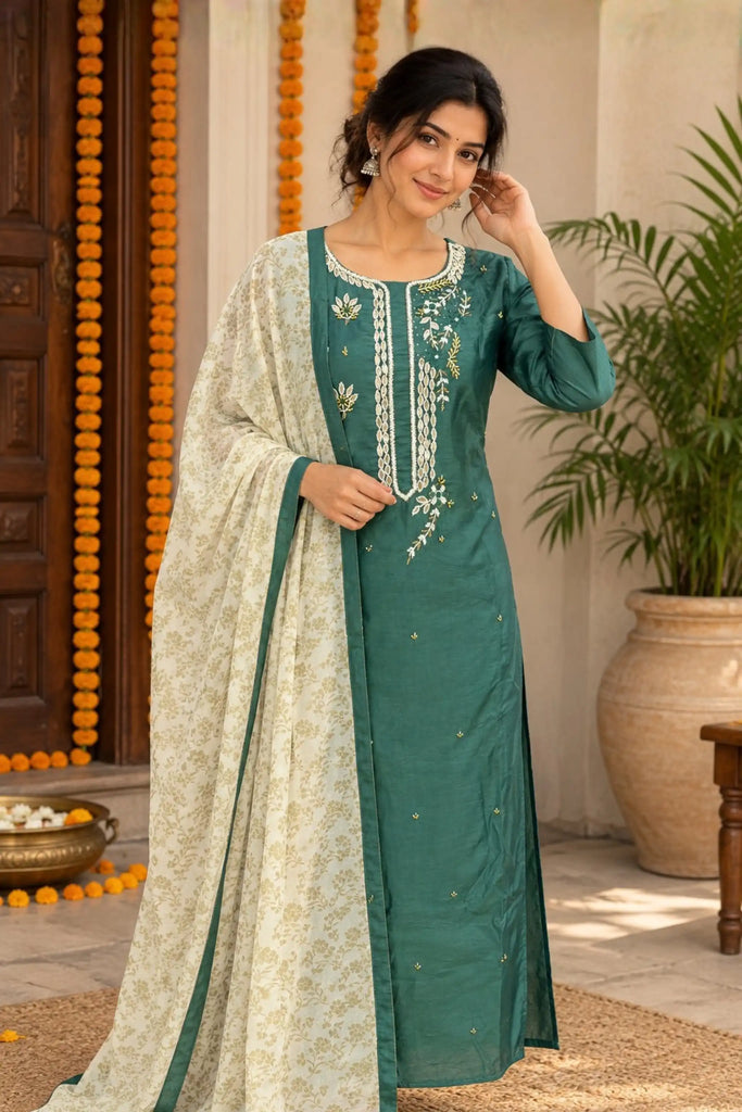 Teal Green Pearl Embroidered Kurthi and Dupatta Set