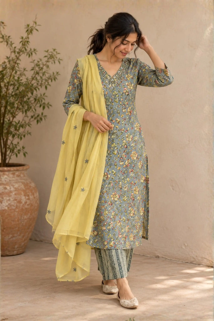 Gota and Beads Embroidered Printed Muslin Silk Suit