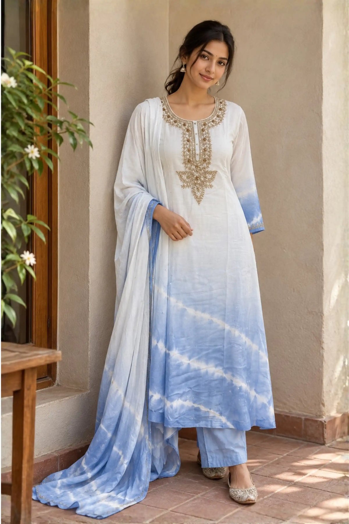 Blue Embroidered Muslin Silk Suit Set