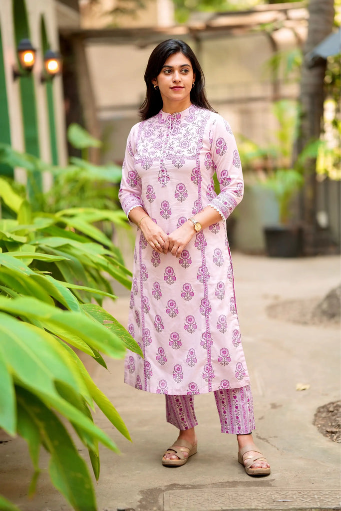 Purple Printed Cotton Kurti Set with Bead & Sequin Neckline Detailing
