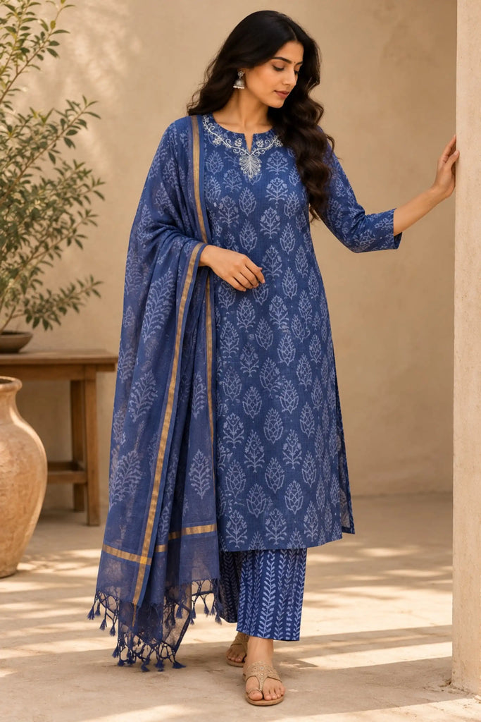Blue Zari Embroidered Hand Block Printed Kota Suit Set