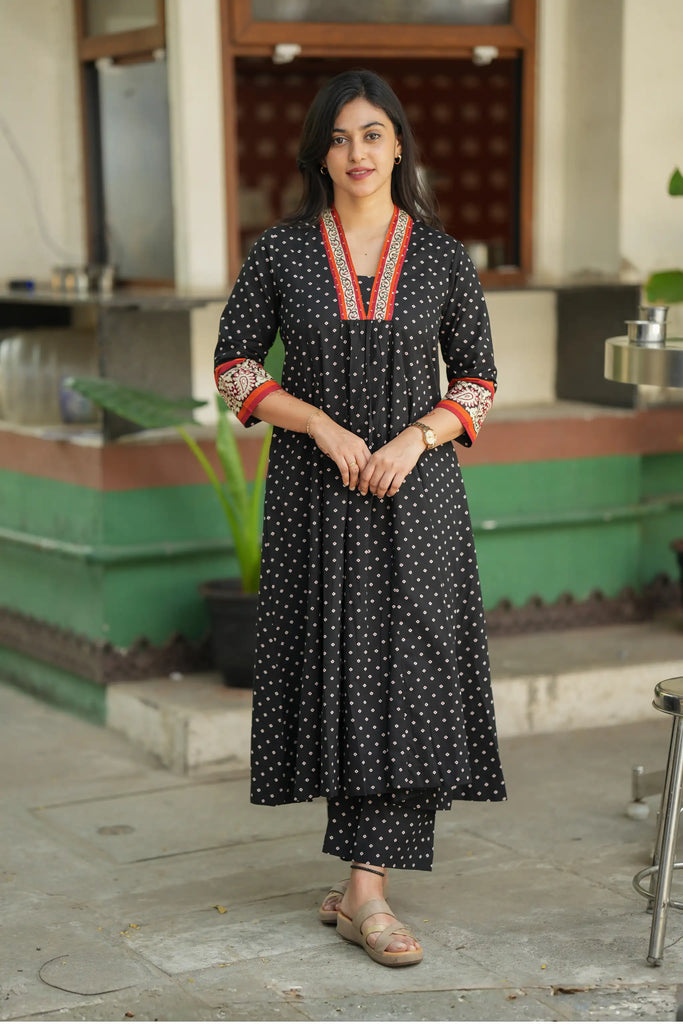 Black Printed Cotton A-line Kurti Set with Embroidered Yoke & Matching Pants
