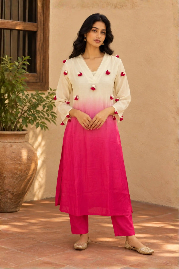 Ivory and Pink Silk Kurti Set