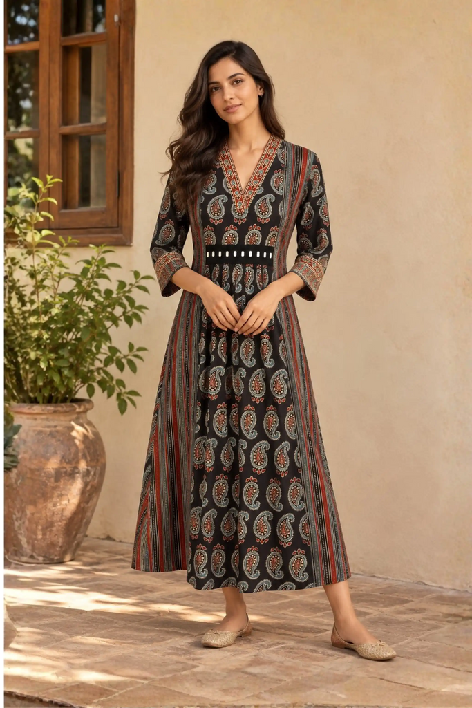 Black Ajrakh Printed Cotton Dress