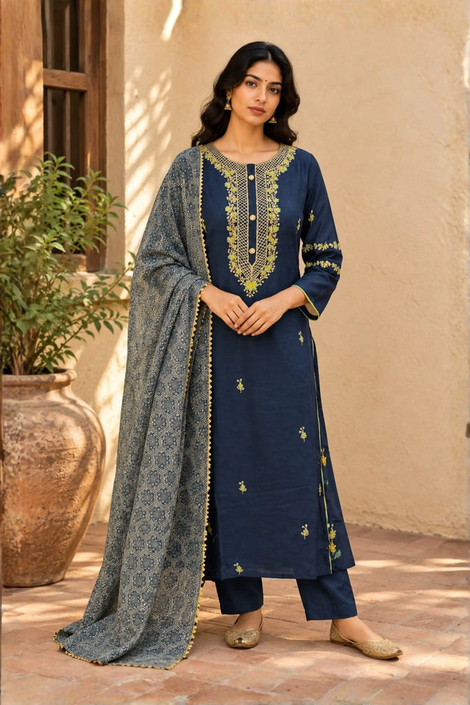 Blue Embroidered Dola Silk Kurti and Dupatta Set