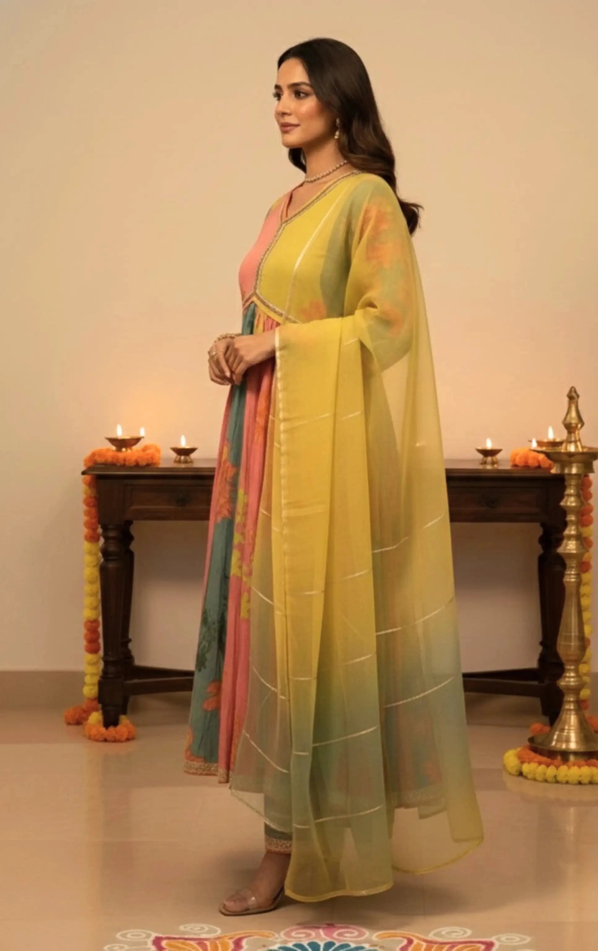 Multi-Coloured Fancy Silk Alia-Cut Suit Set