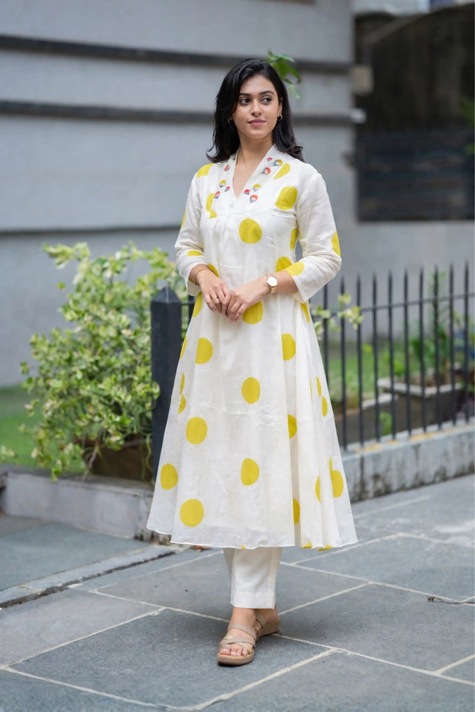 White Polka Hand Block Printed Cotton A-line Kurti Set with Embroidered Yoke & Cotton Pants