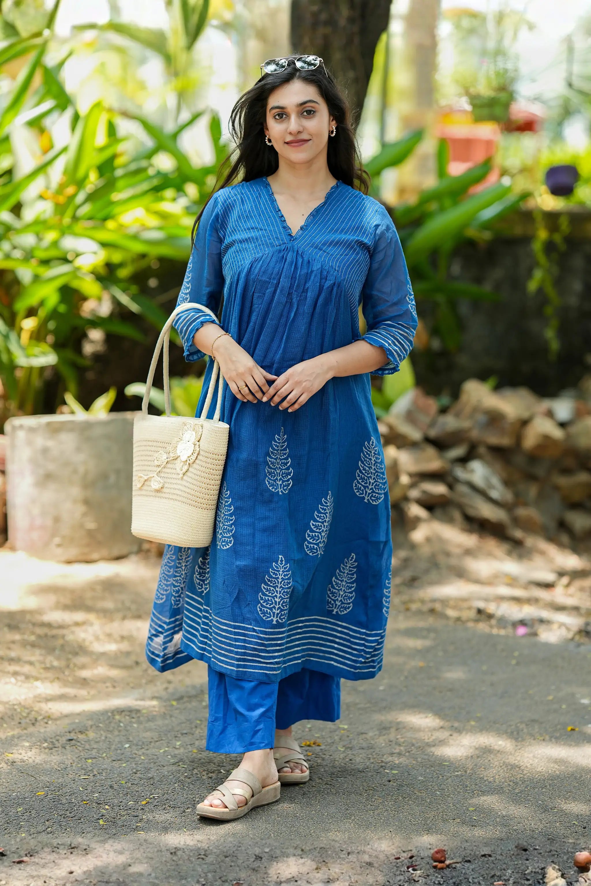 Blue Hand Block Printed Kota Doria Kurti Set