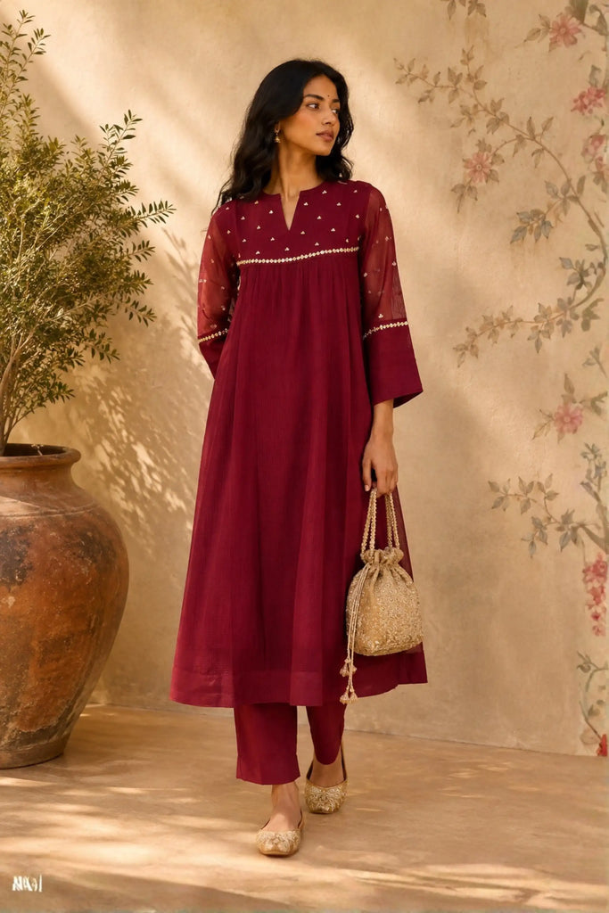 Maroon Sequins Embroidered Kota Kurti Set