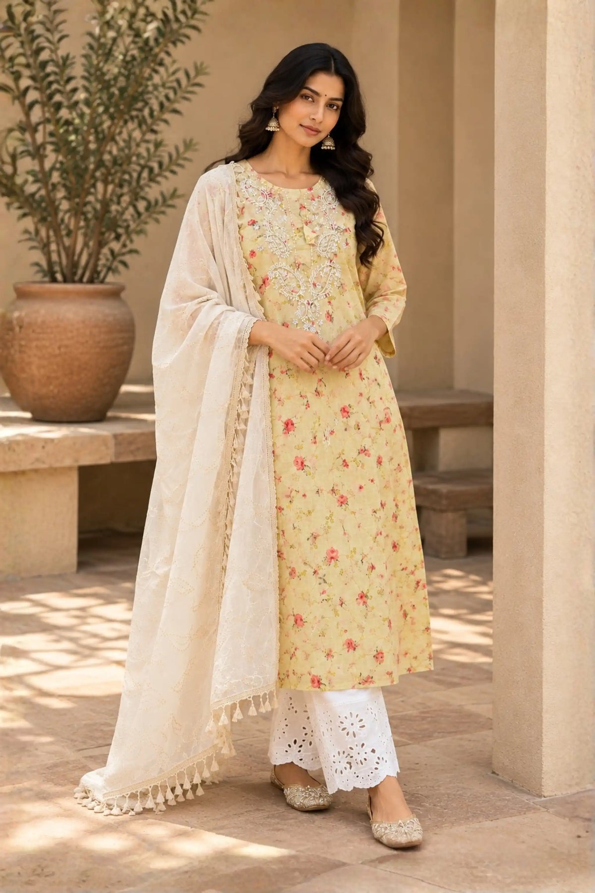 Yellow Floral Printed Cotton Suit Set