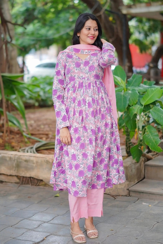 Handblock Printed Cotton Anarkali Suit Set