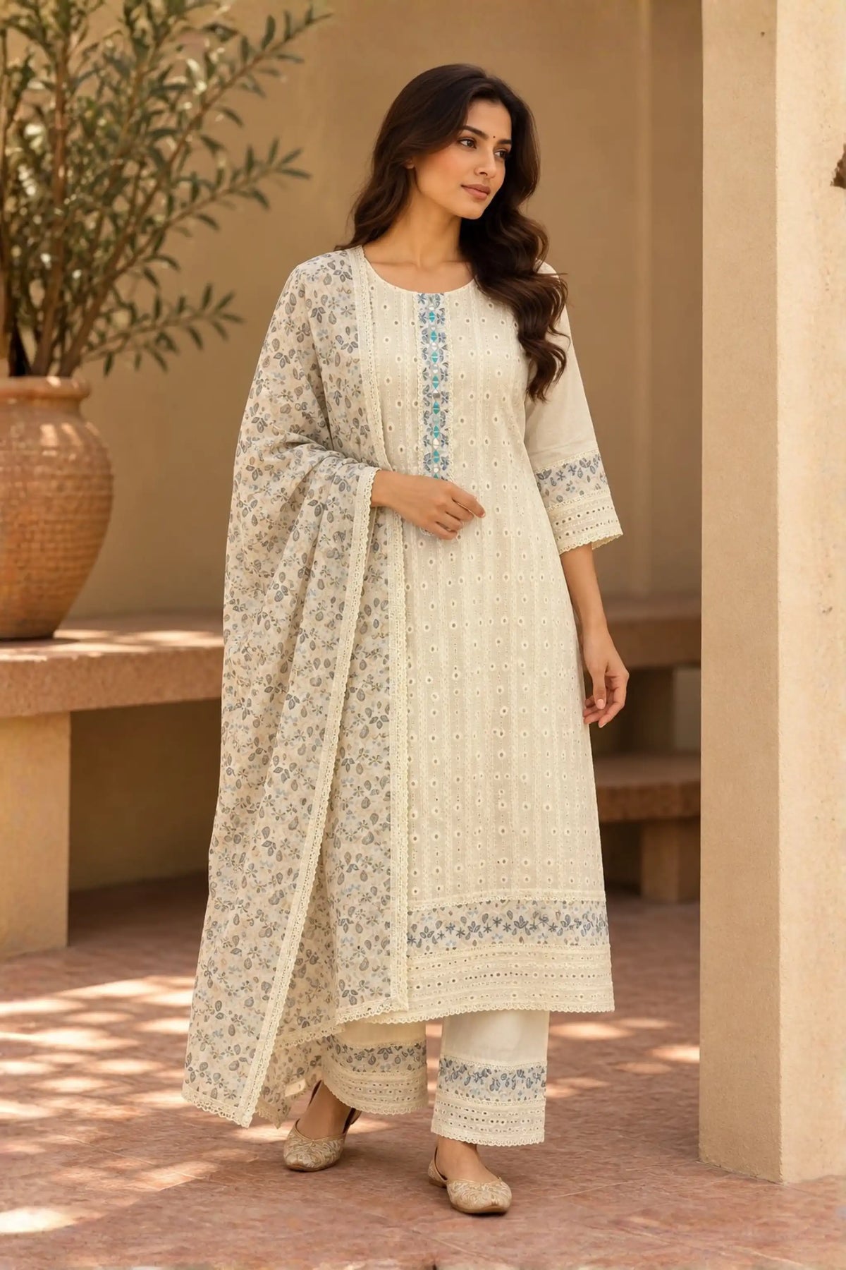 White Mirror Embroidered Cotton Suit Set