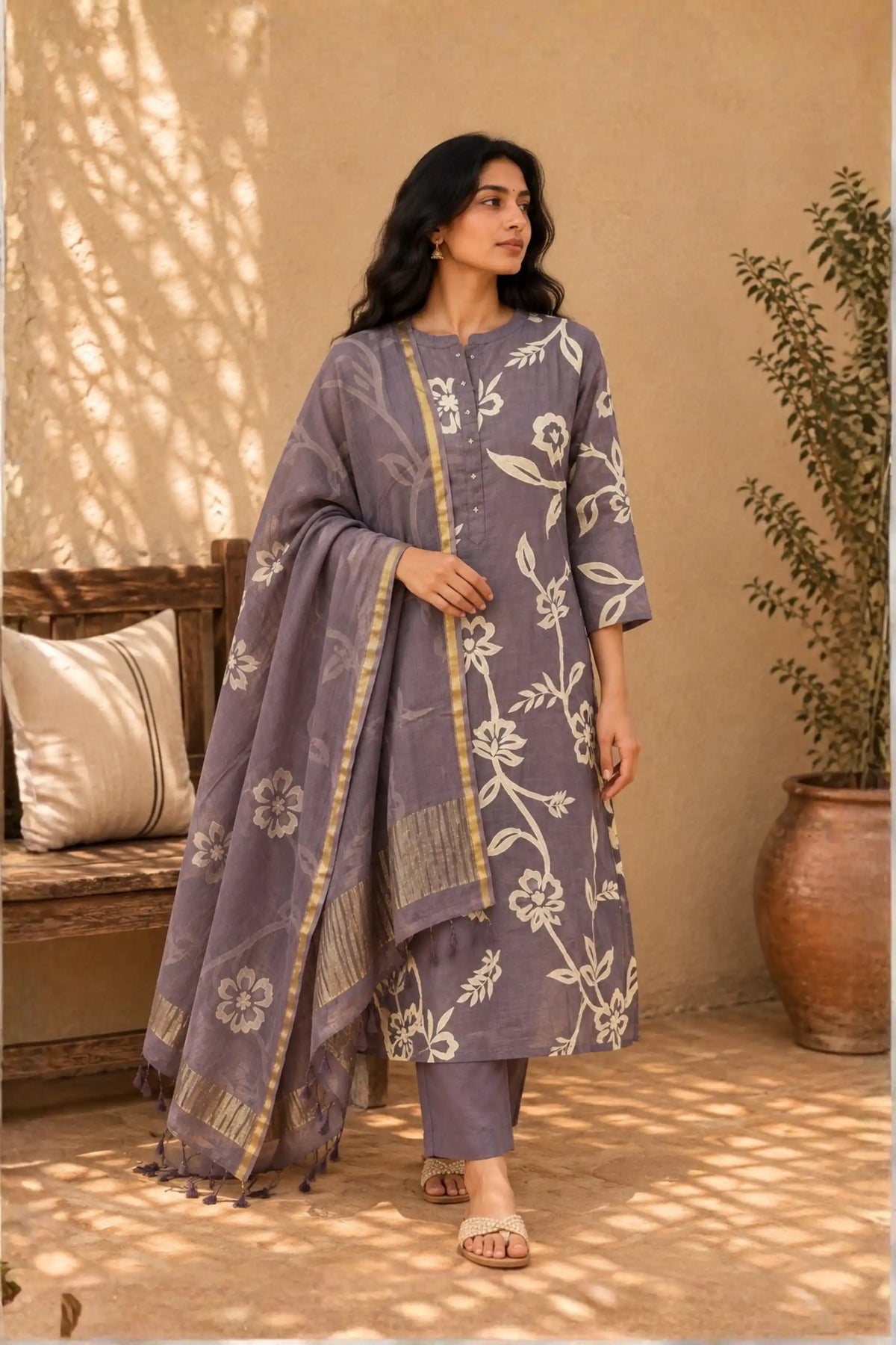 Purple Applique embroidered Mul Chanderi  Suit Set