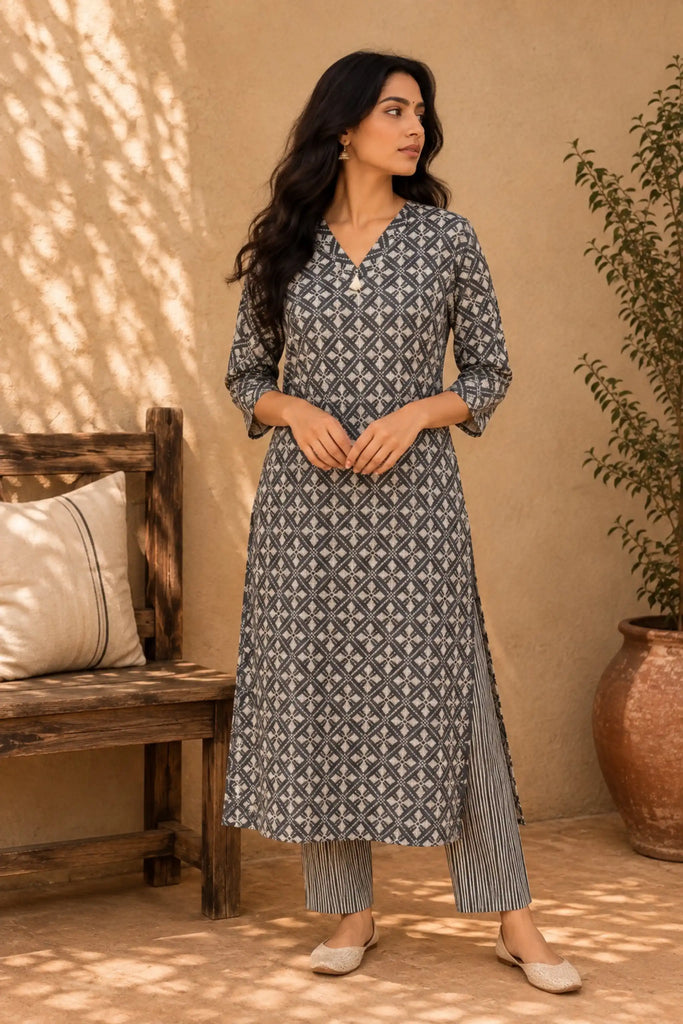 Grey Digital Printed Cotton Kurti Set