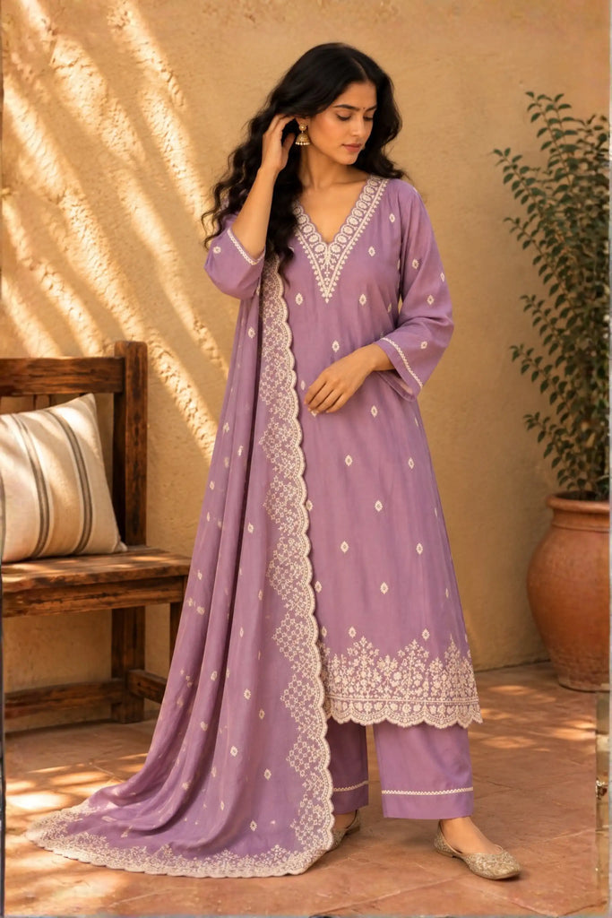 Purple Embroidered Silk Suit Set