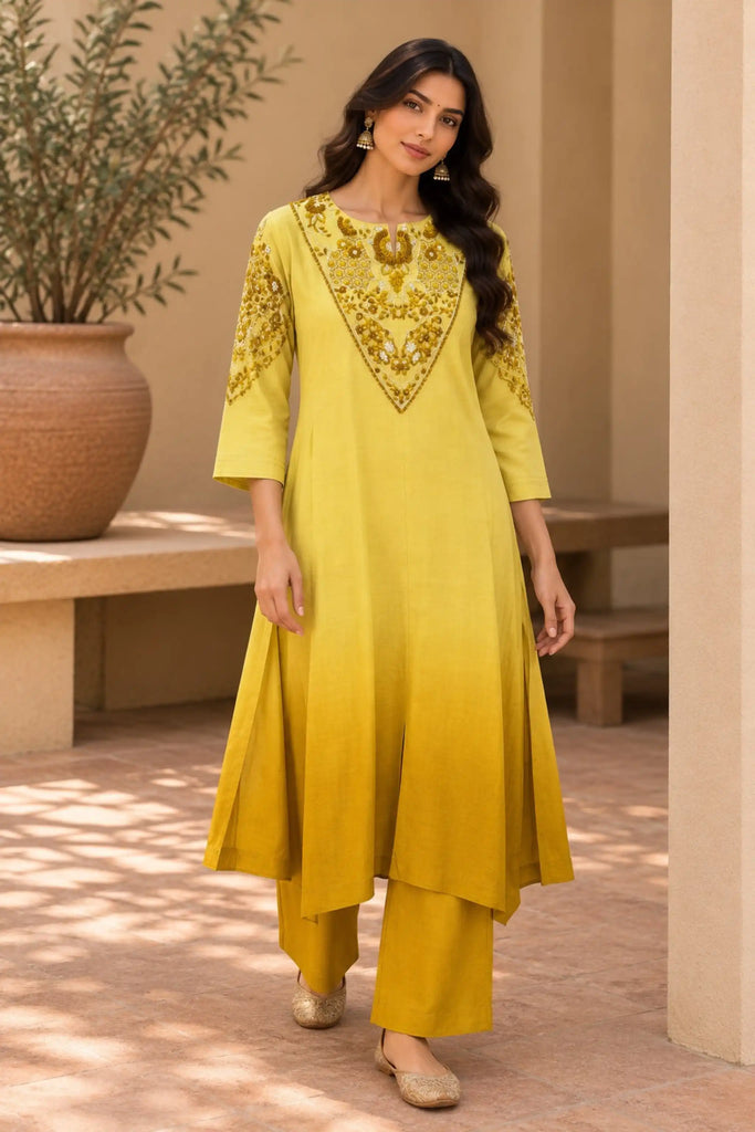 Yellow Floral Embroidered Mul Chanderi Suit Set