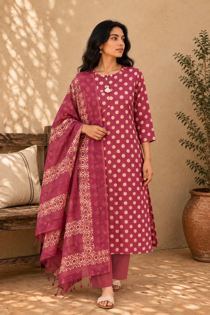 Pink Printed Cotton Suit Set