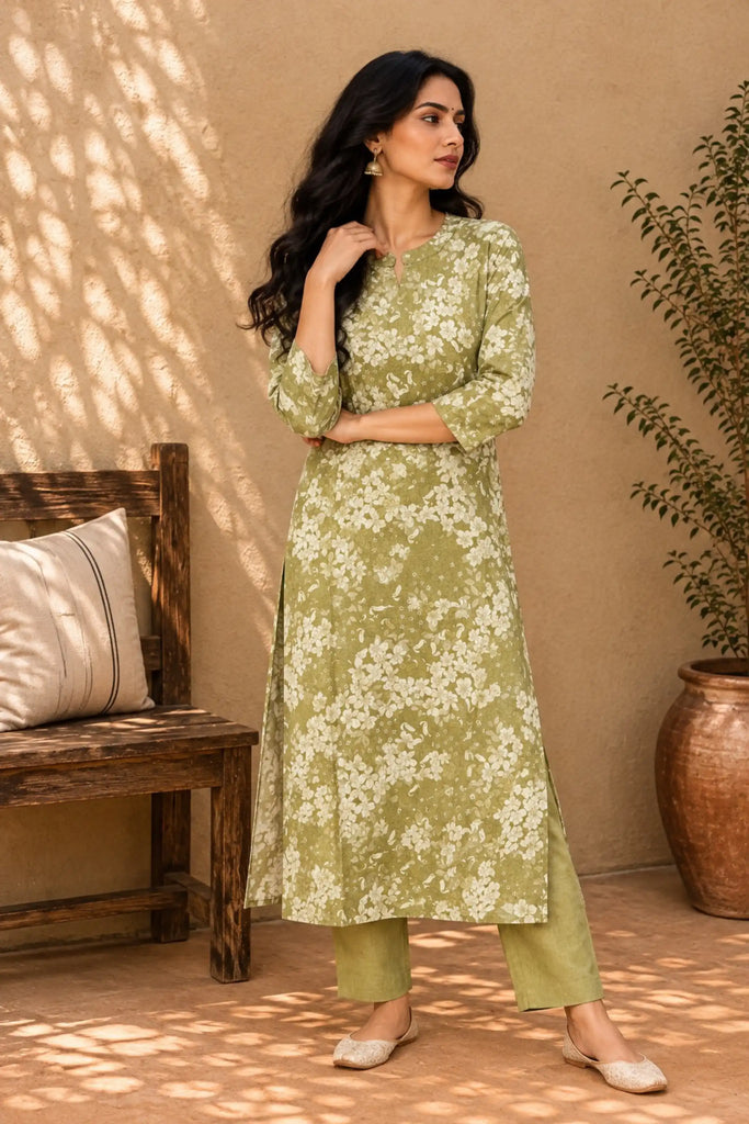 Green Digital Printed Cotton Kurthi Set