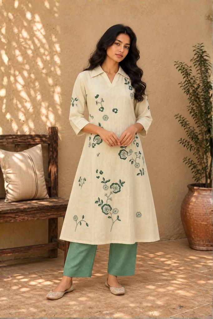 Beige Applique Embroidered Kurta Set