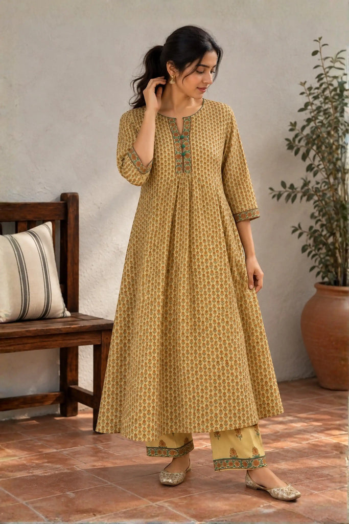 Warm Beige Digital Printed Cotton Kurti Set