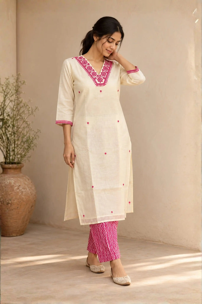 White Applique Embroidered Chanderi Silk Kurta Set