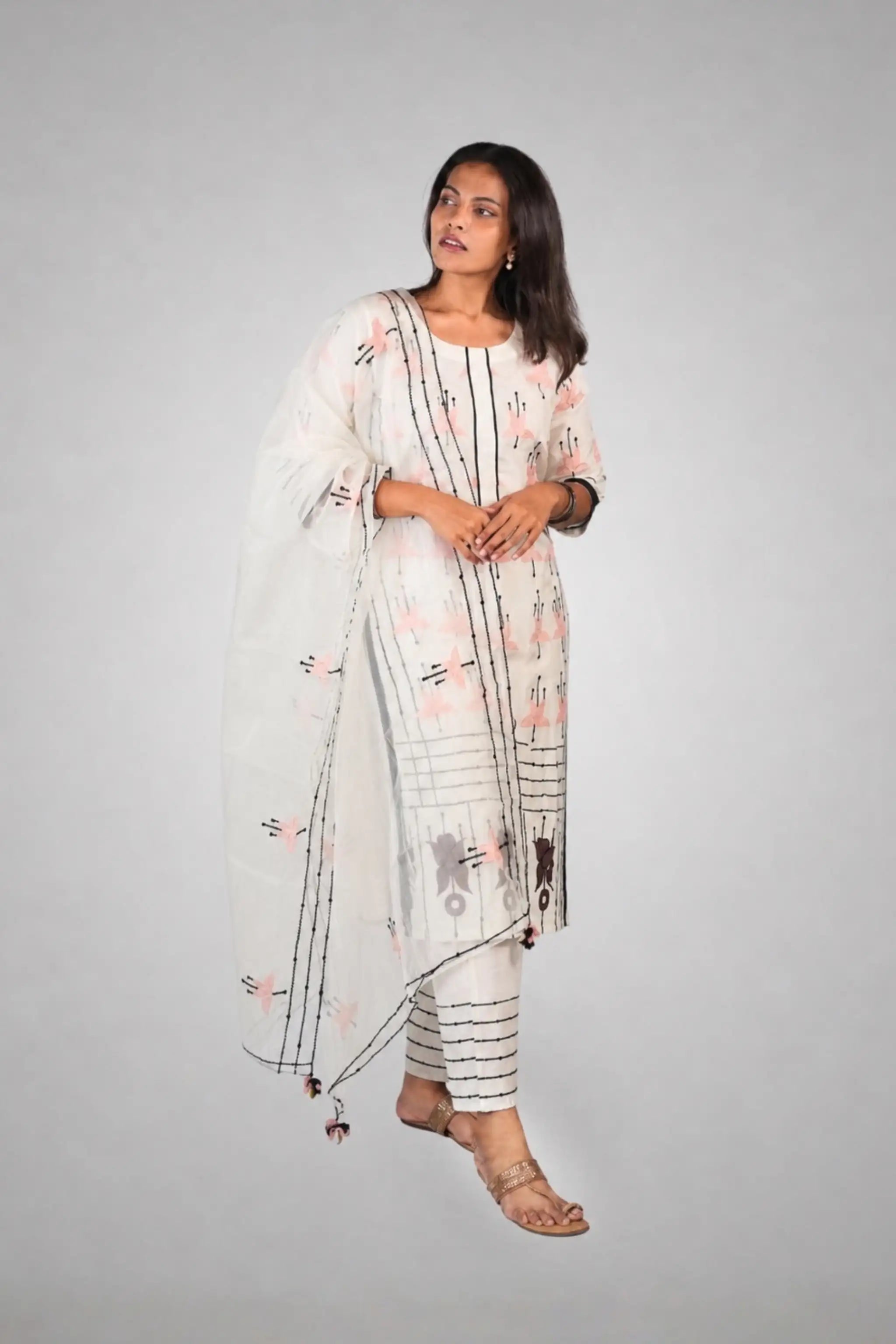 White Silk Applique Embroidered Suit Set
