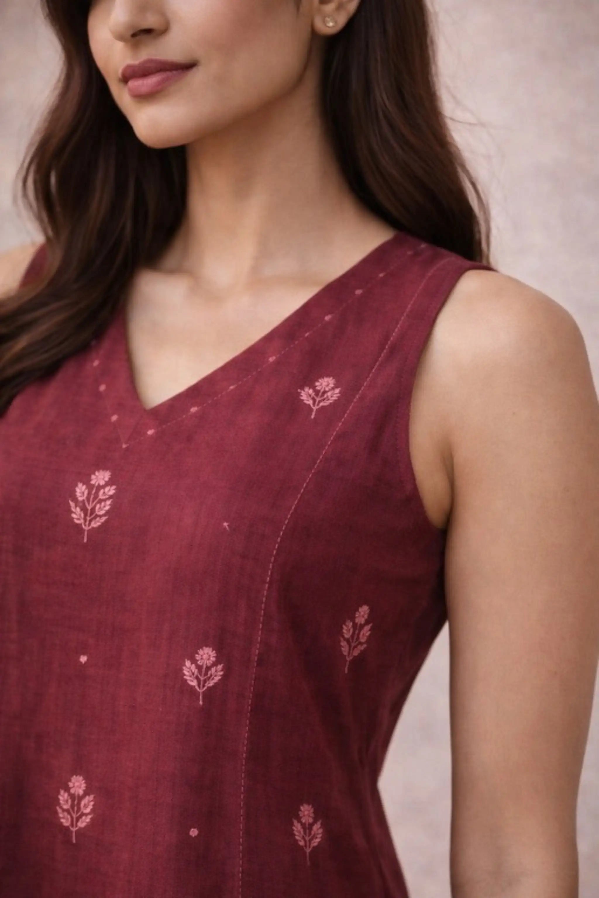 Magenta Floral Embroidered Cotton Kurti Set