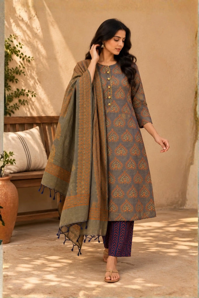 Grey Hand Block Printed Jute Cotton Suit Set