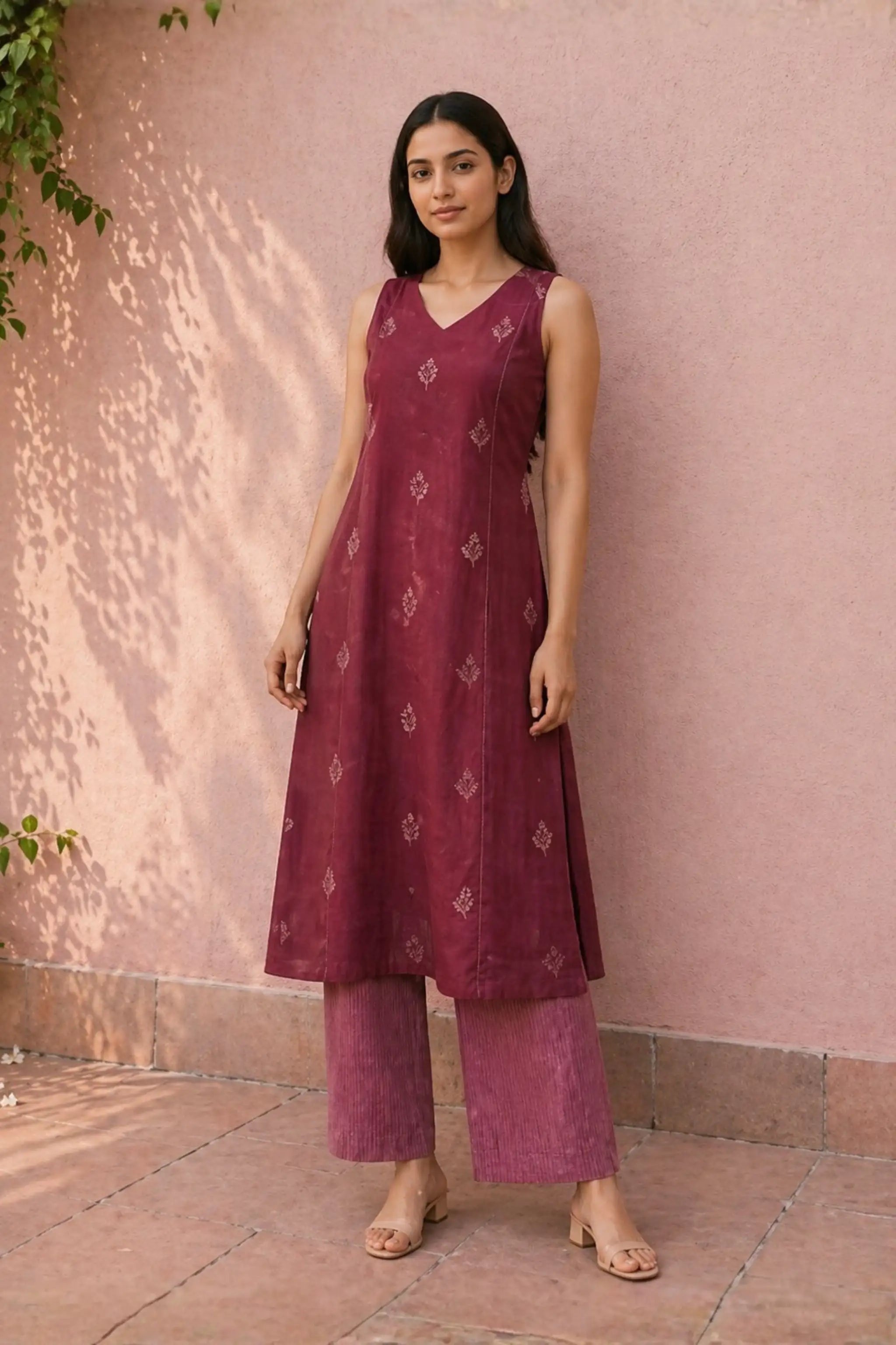 Magenta Floral Embroidered Cotton Kurti Set