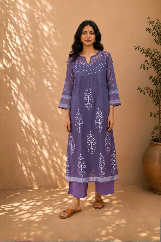 Purple Hand Block Printed Kota Kurta Set