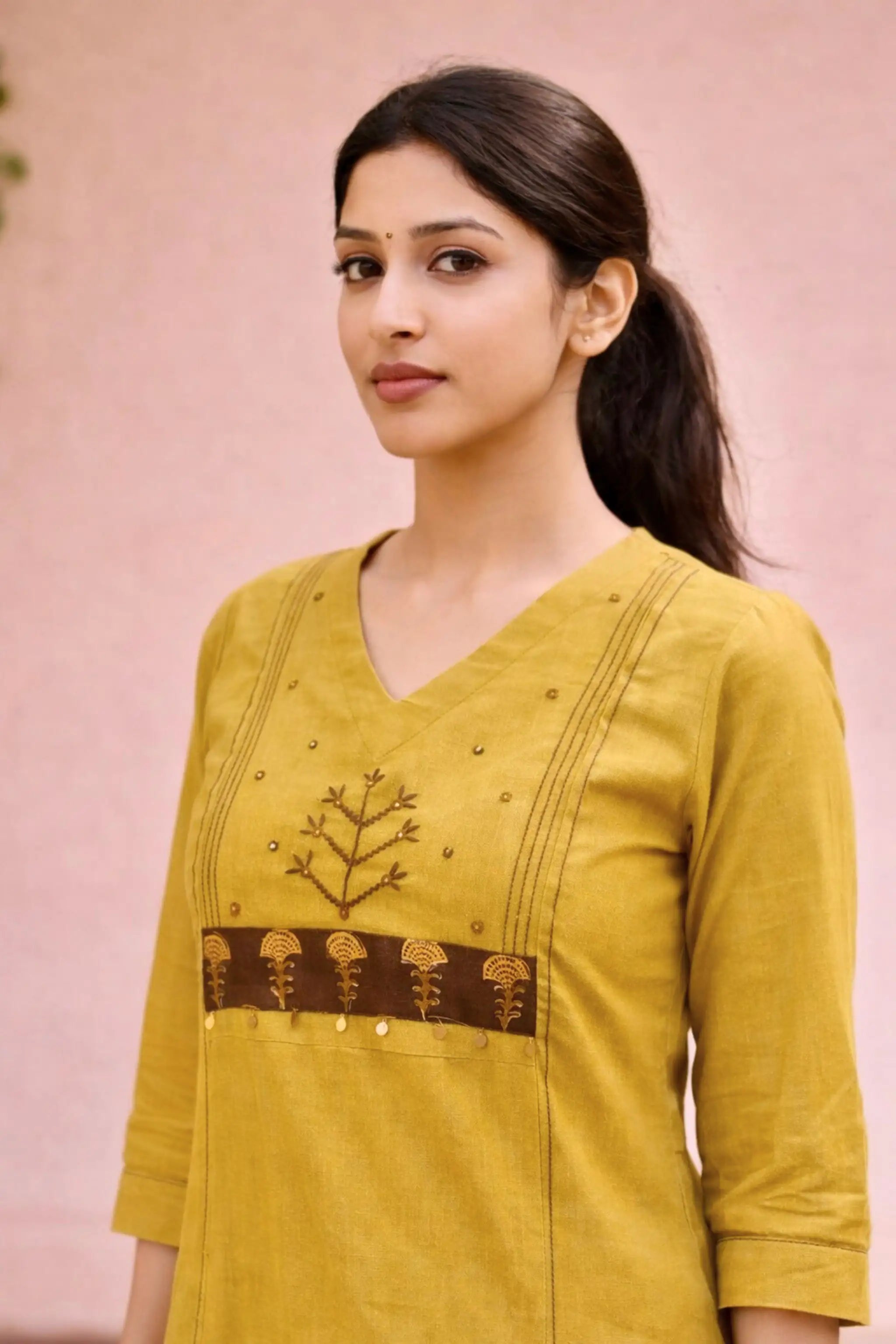 Yellow Embroidered Handloom Cotton Kurti Set