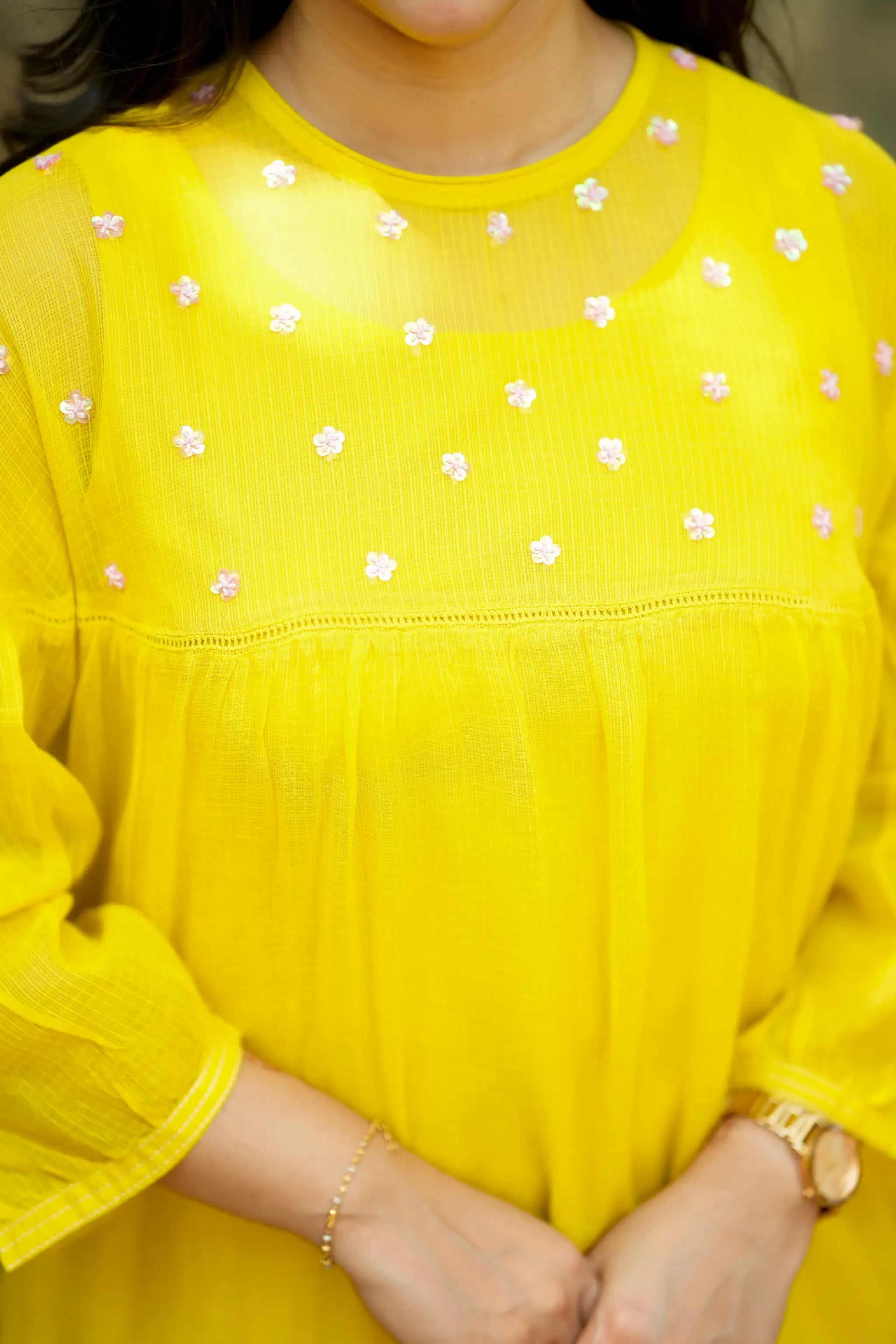 Yellow Sequins Embroidered Kota Kurti Set with Cotton Pants