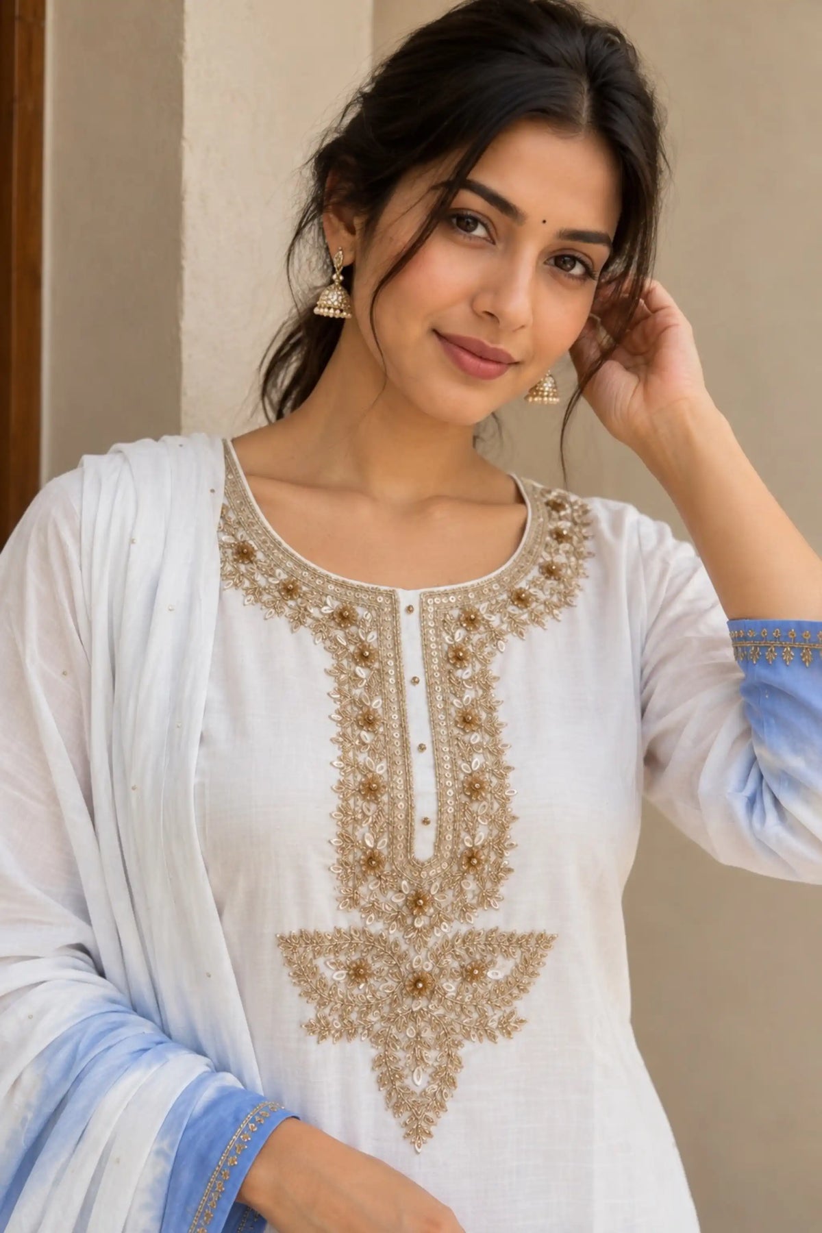 Blue Embroidered Muslin Silk Suit Set