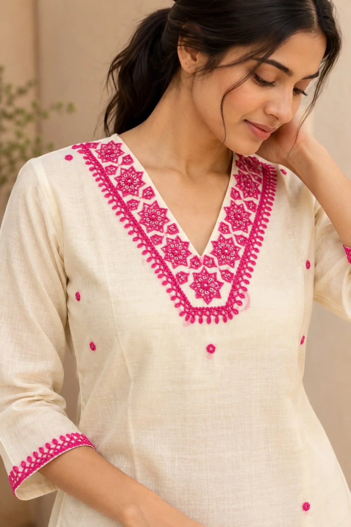 White Applique Embroidered Chanderi Silk Kurta Set