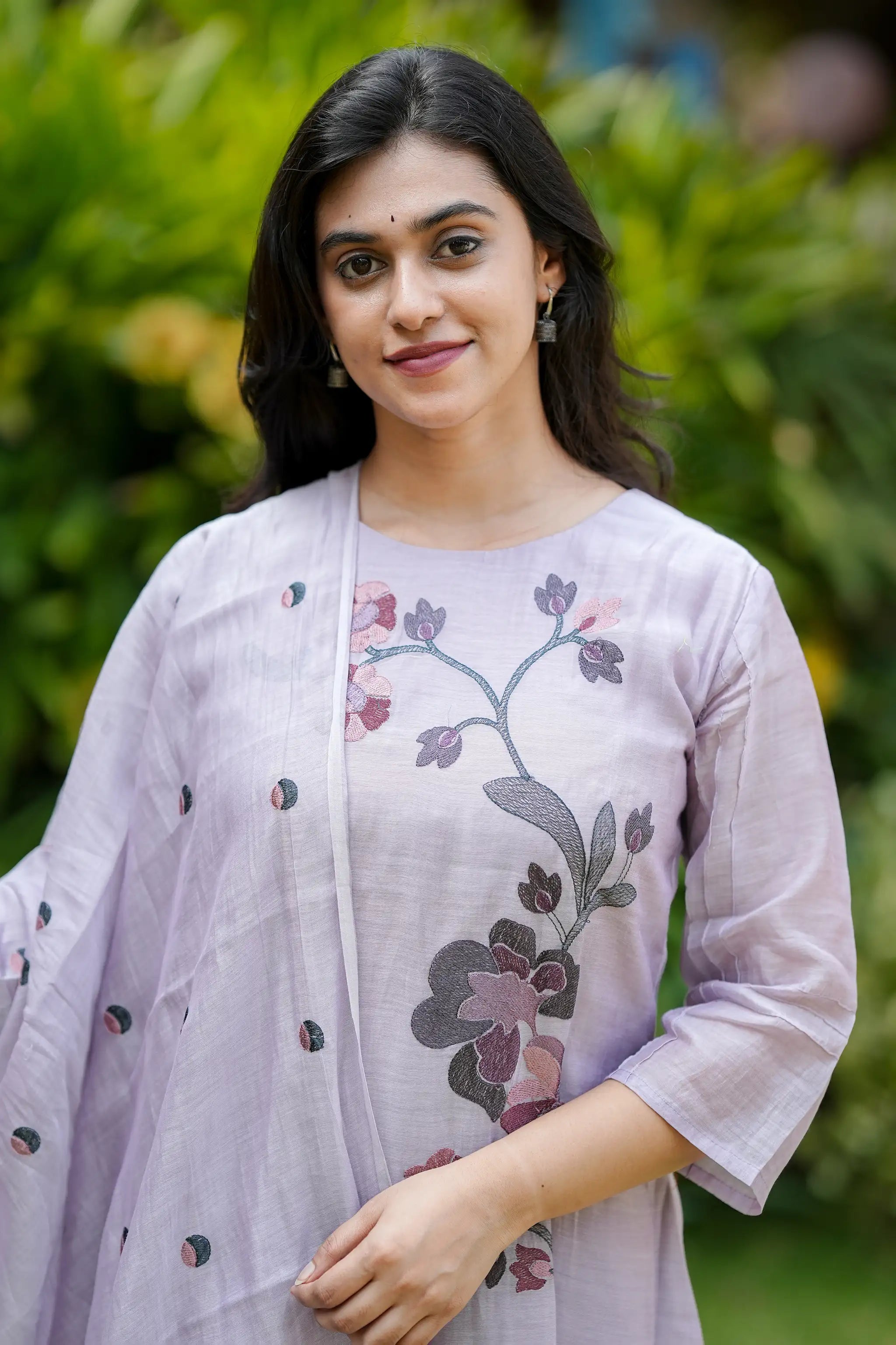 Light Purple Floral Embroidered Mul Chanderi Suit Set