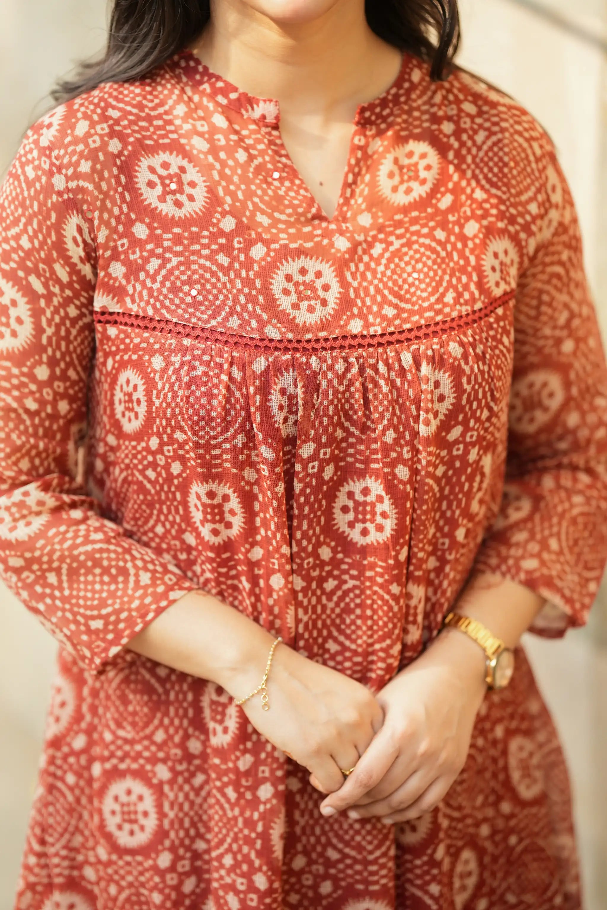 Brown Hand Block Printed Kota Kurti Set with Lace Detailing & Cotton Pants