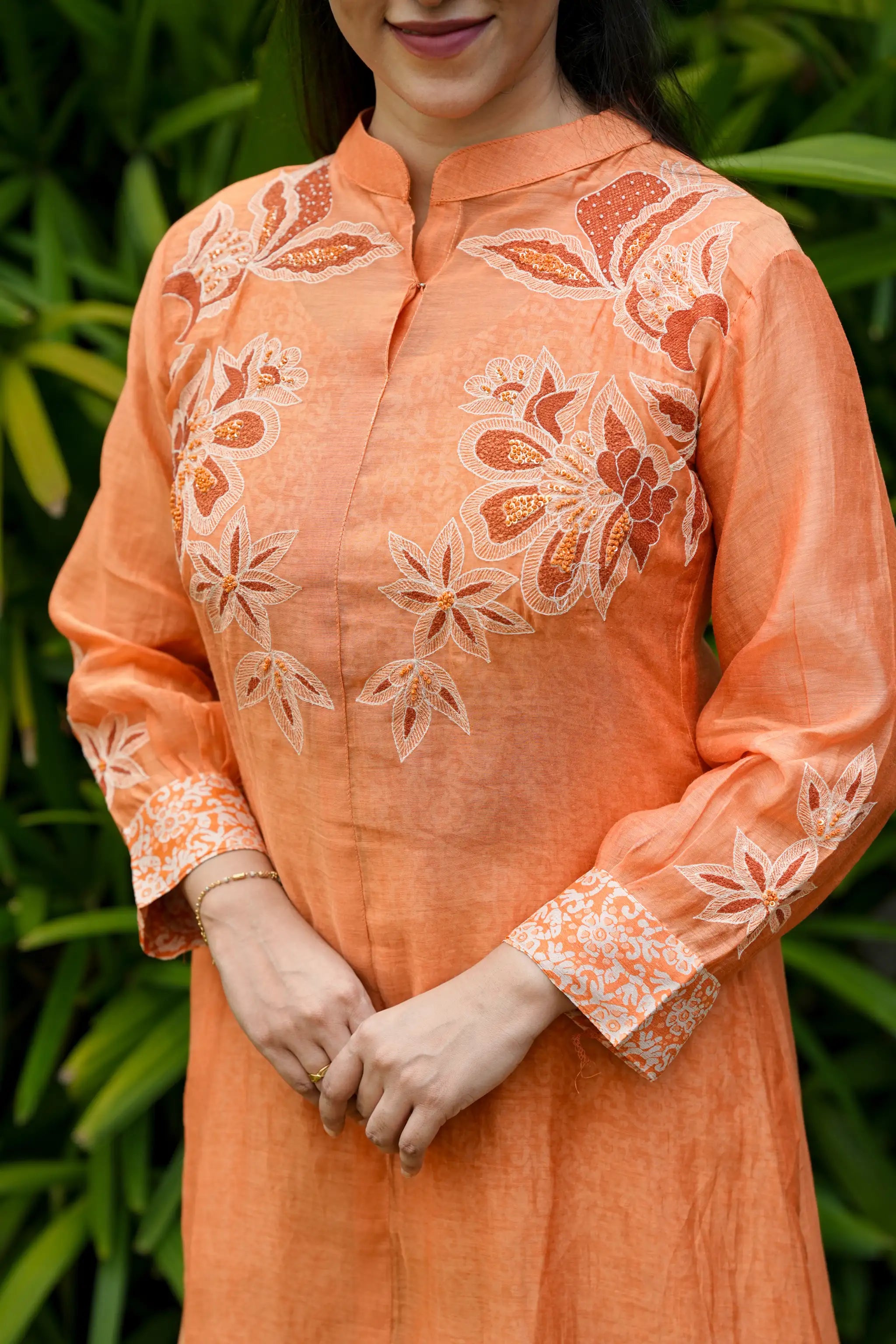 Orange Mul Chanderi Floral Embroidered Overcoat Kurti set