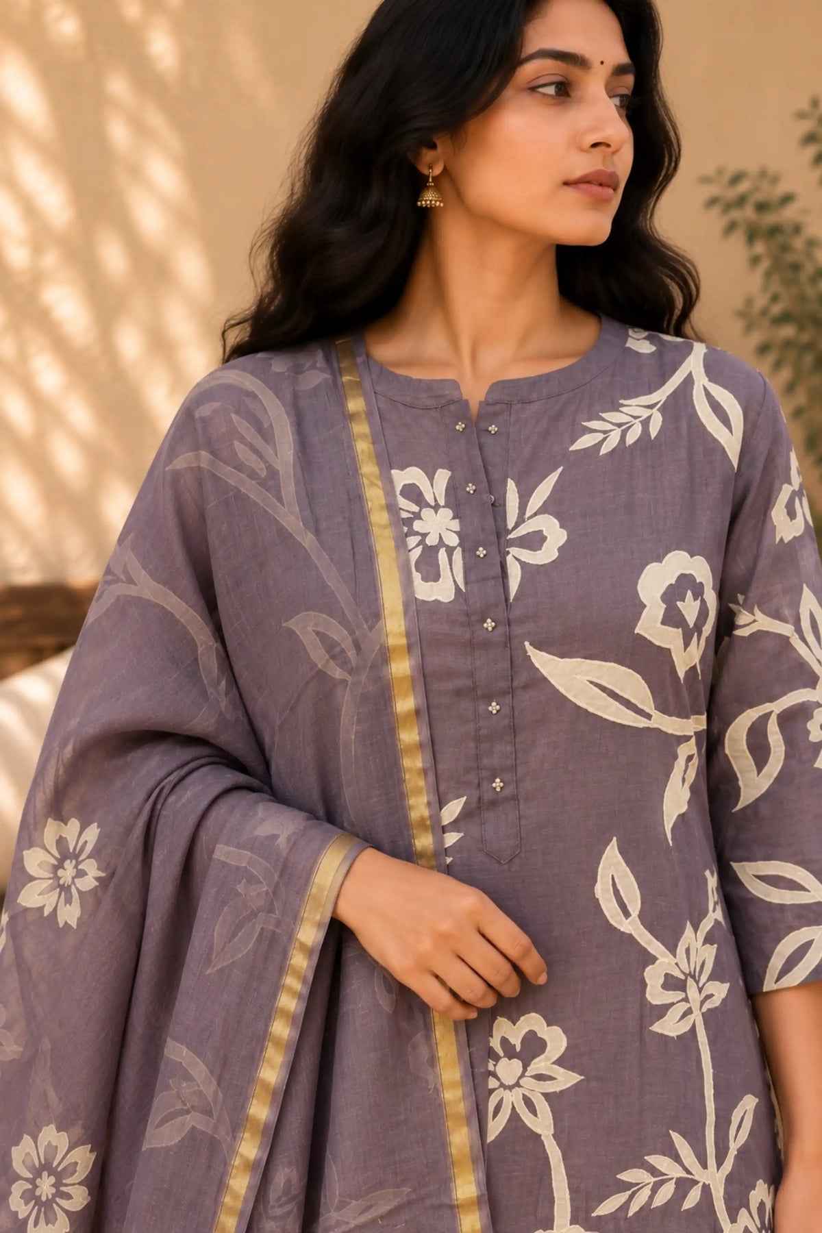 Purple Applique embroidered Mul Chanderi  Suit Set