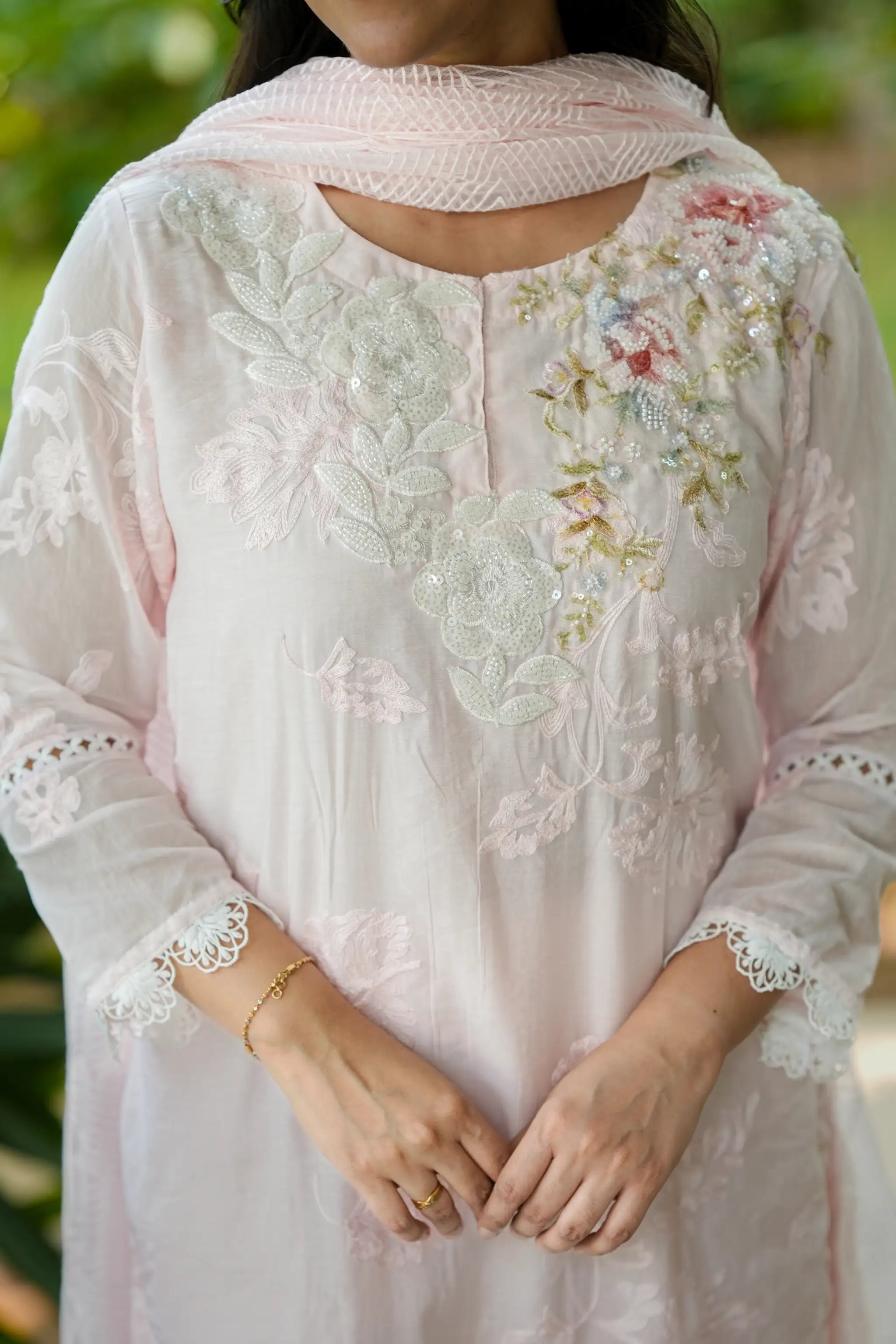 Pink Cotton Pearl and Floral Embroidered Suit Set