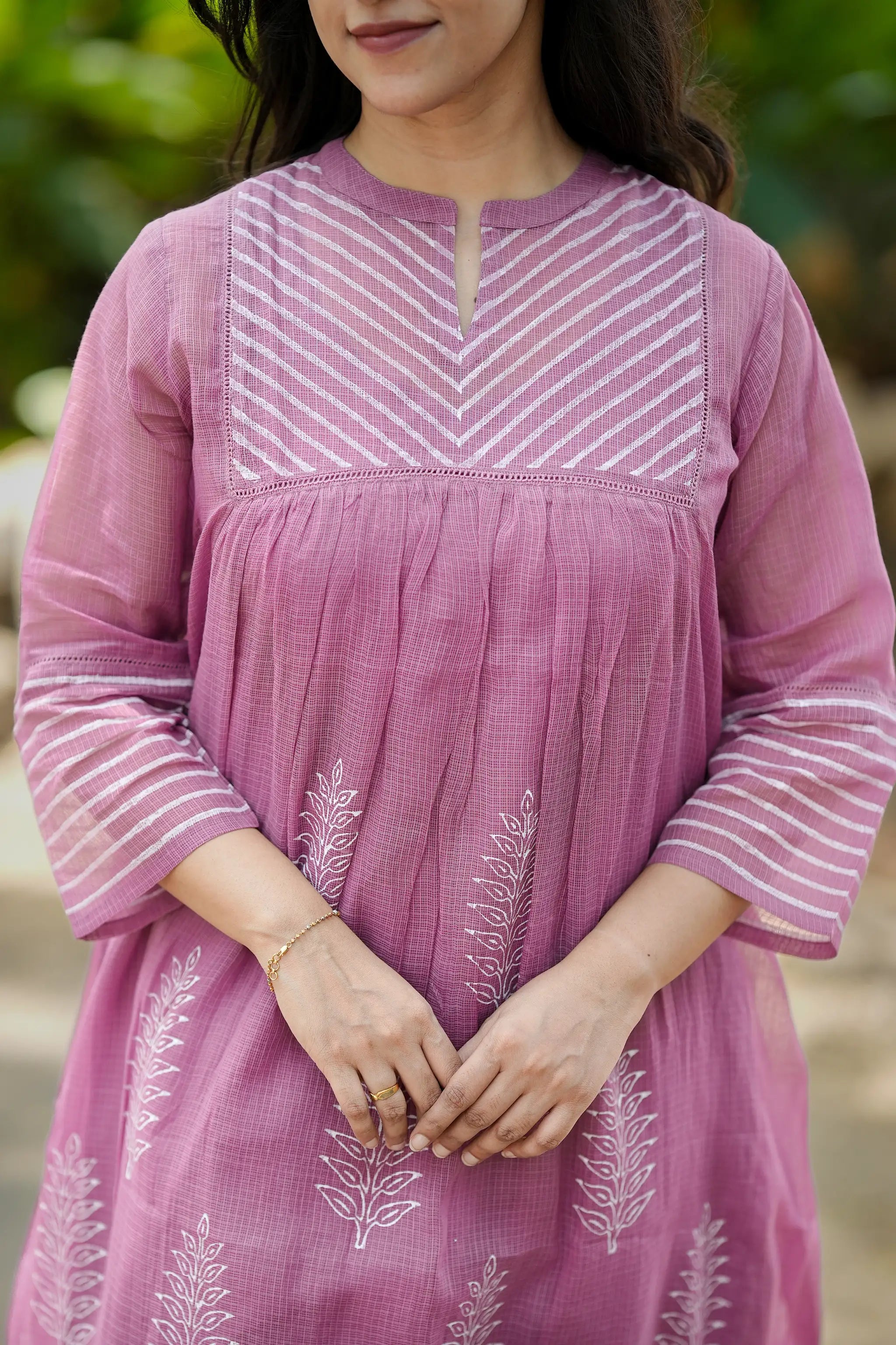Purplish Pink Hand Block Printed Kota Doria A-Line Kurti Set