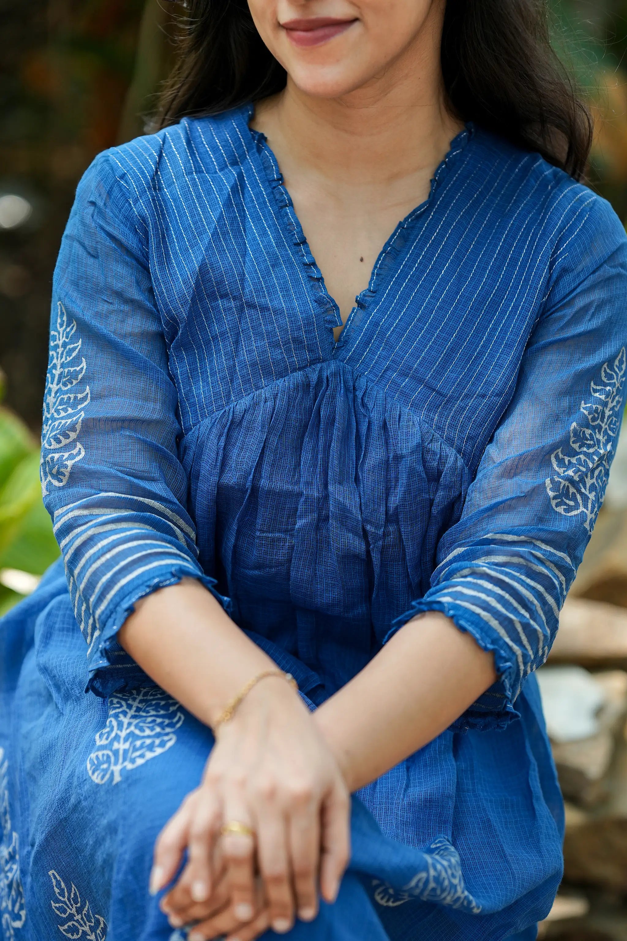 Blue Hand Block Printed Kota Doria Kurti Set