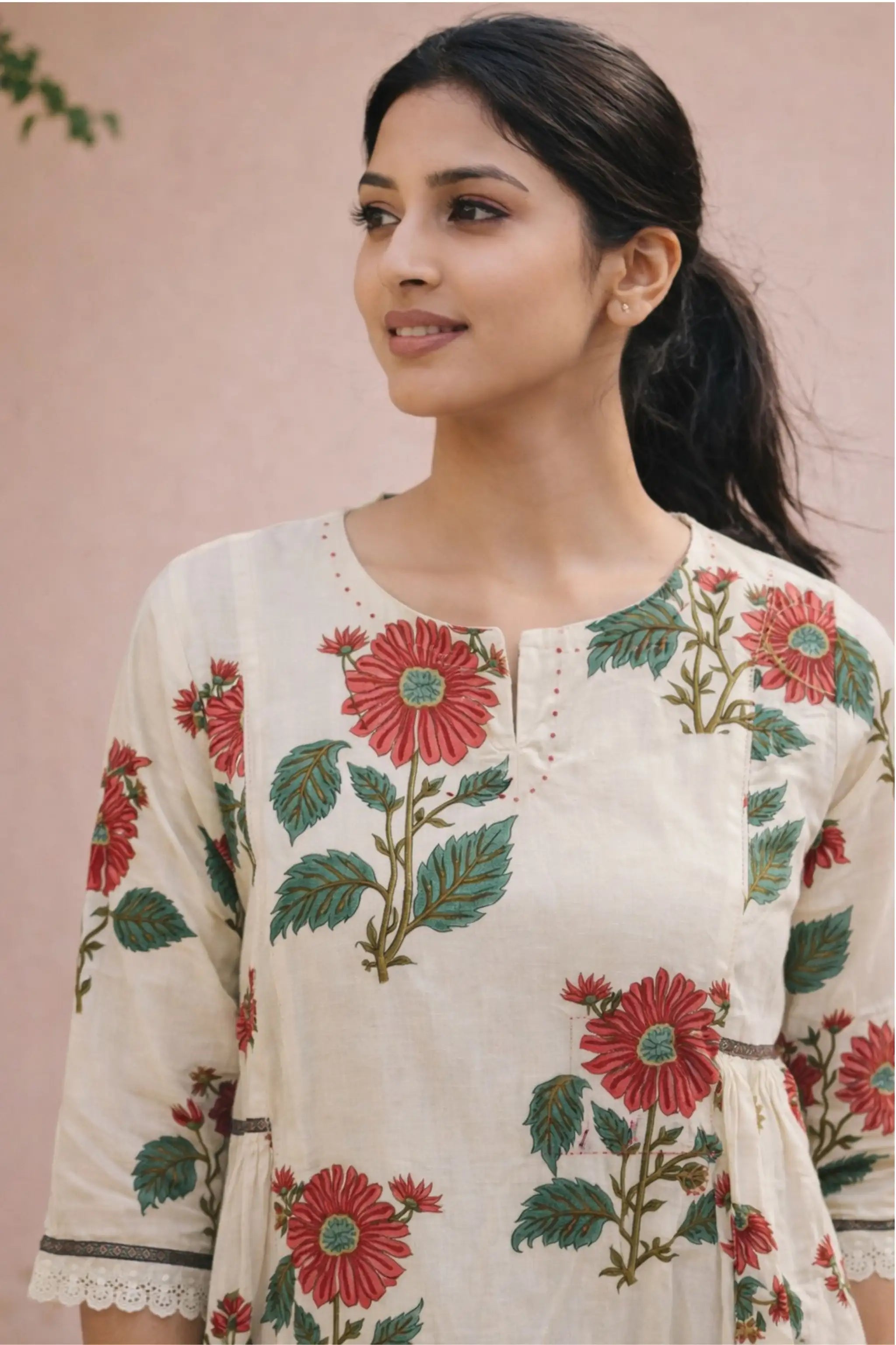 White Cotton Floral Printed Kurti Set