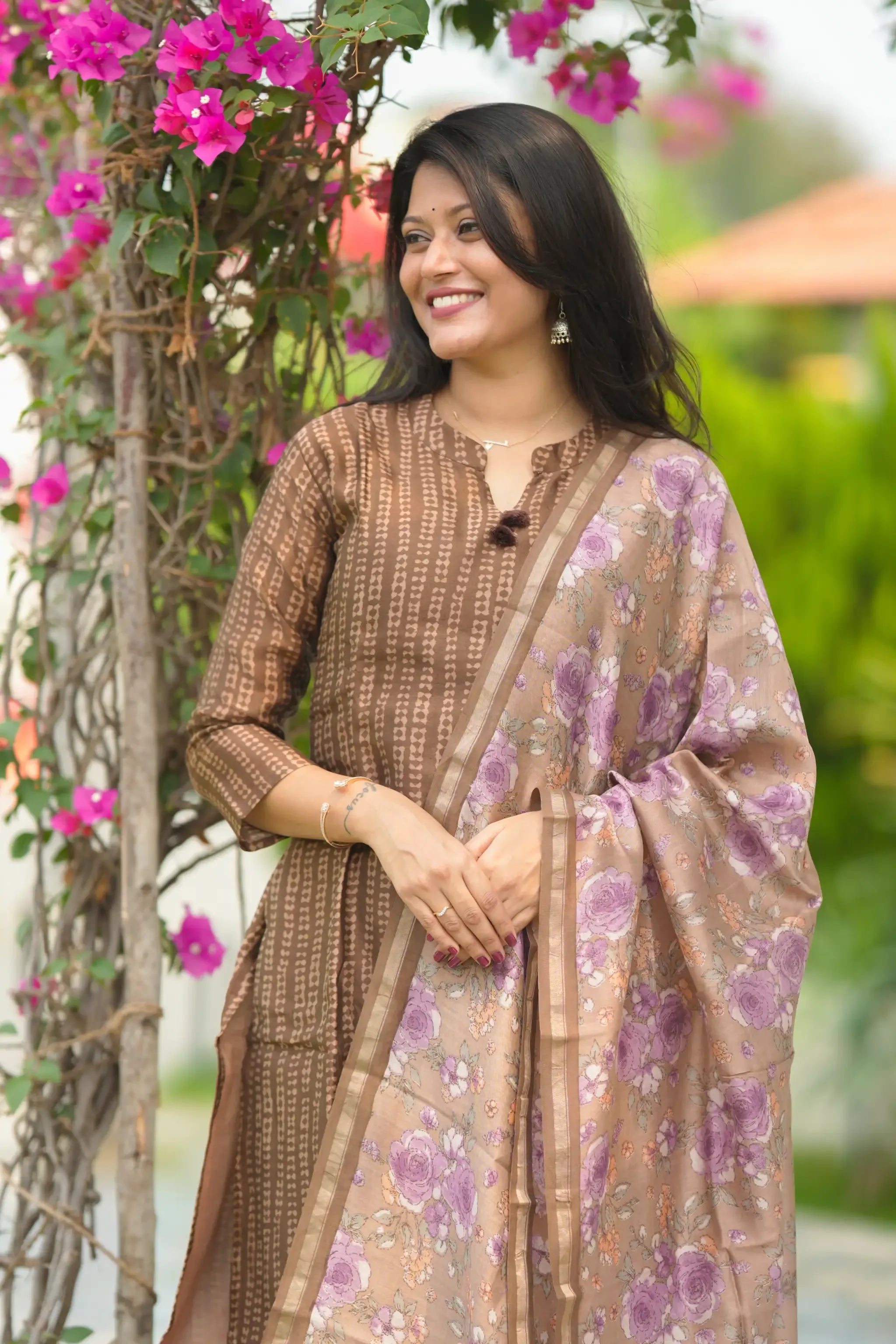 Brown Digital Printed Chanderi Silk Suit Set - Aarni Clothing - A Destination for Handpicked Ethnic Wear